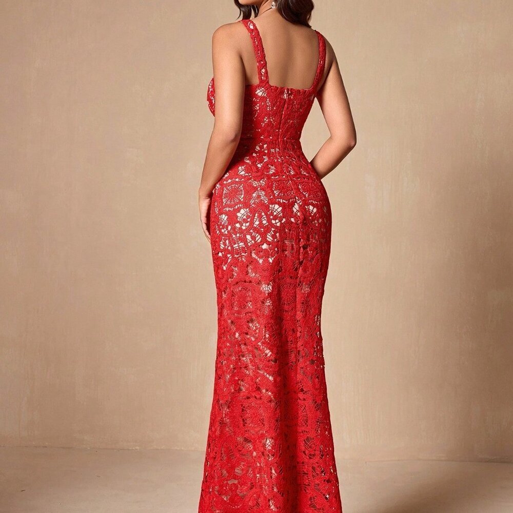Red Elegant Women's Lace Bodycon Sleeveless Sexy Cocktail Dress - Picture 2 of 8
